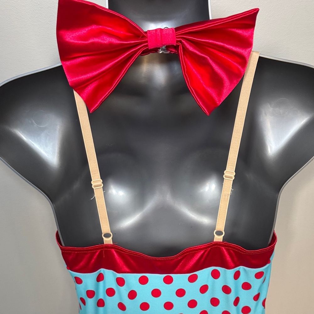 Weissman Turquoise Polka Dot One-Shoulder Party Dress with Red Accents - Picture 6 of 9